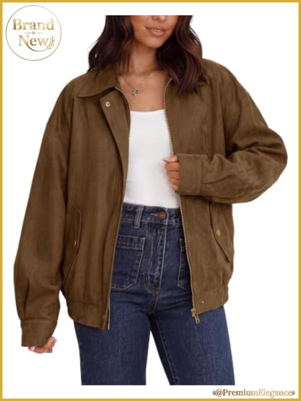 Faux Suede Bomber Jacket Women Oversized Long Sleeve Zip Up Outerwear